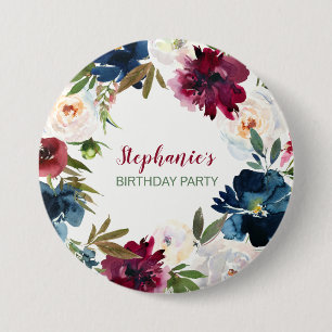 Watercolor Burgundy Navy Flowers Birthday 7.5 Cm Round Badge