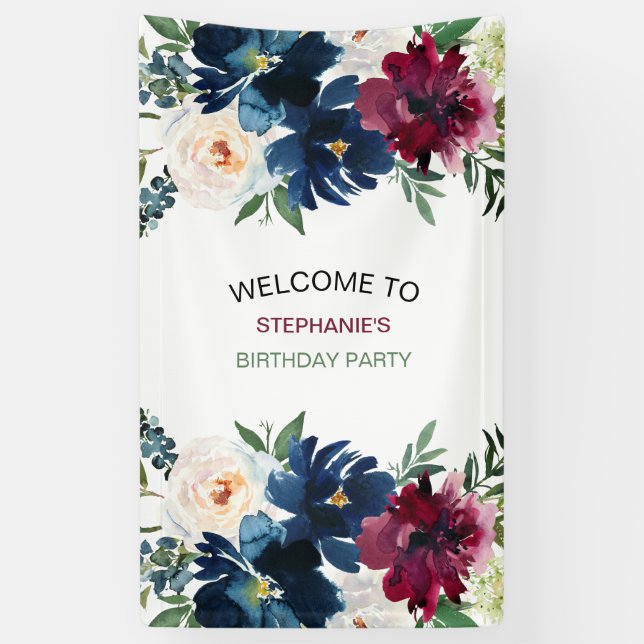 Watercolor Burgundy Navy Flowers Birthday Banner (Vertical)