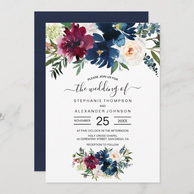 Watercolor Burgundy Navy Flowers Wedding Invitation (Front/Back)