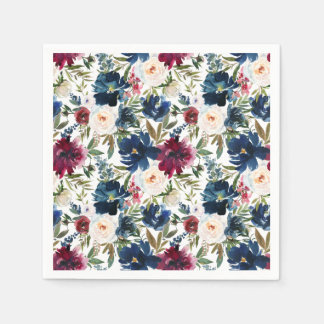 Watercolor Burgundy Navy Flowers Wedding Napkin