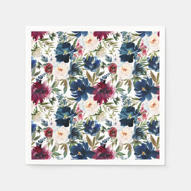 Watercolor Burgundy Navy Flowers Wedding Napkin (Front)