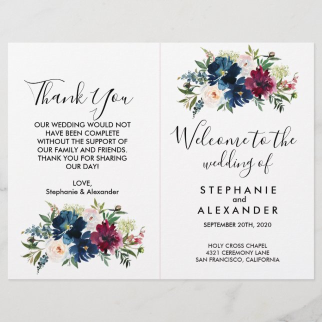 Watercolor Burgundy Navy Flowers Wedding Program (Front)
