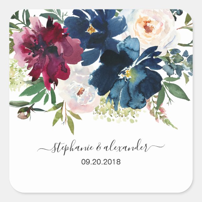 Watercolor Burgundy Navy Flowers Wedding Square Sticker (Front)