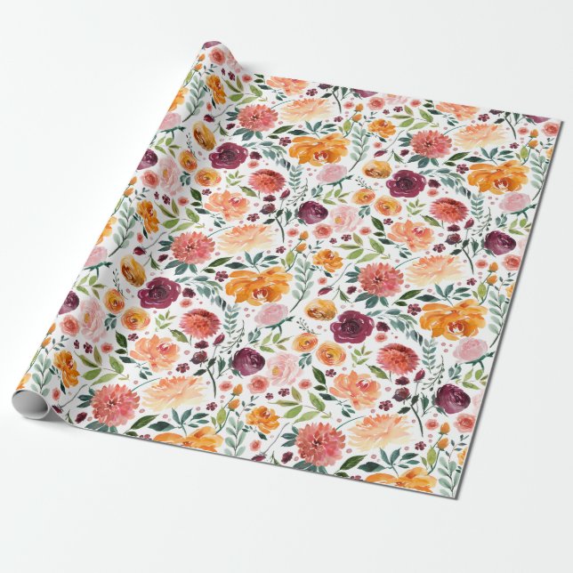Watercolor Burgundy Orange Pink Garden Flowers Wrapping Paper (Unrolled)