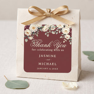 Watercolor Burgundy Peony Winter Wedding Thank You Square Sticker