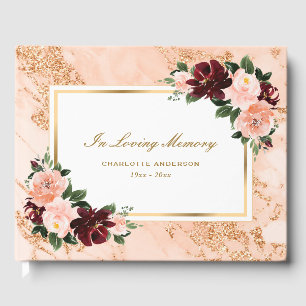 Watercolor Burgundy Pink Floral Funeral Memorial Guest Book