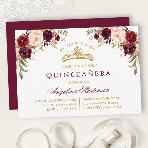 Watercolor Burgundy Pink Floral Gold Quinceanera Invitation