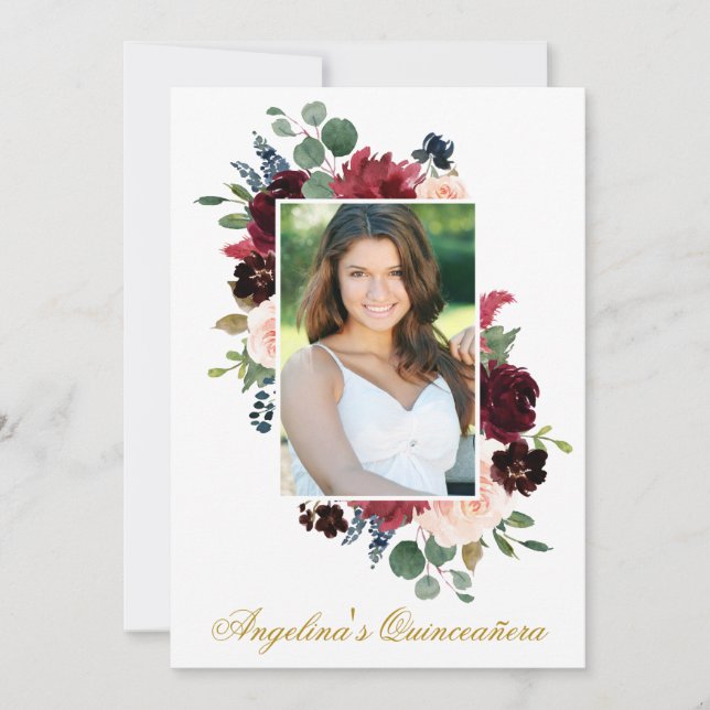 Watercolor Burgundy Pink Floral Photo Quinceanera Invitation (Front)