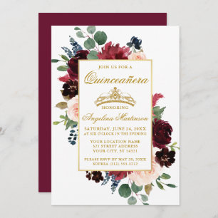 Watercolor Burgundy Pink Floral Quinceanera Invitation