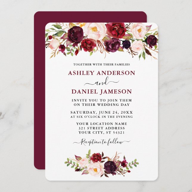 Watercolor Burgundy Pink Floral Wedding Invitation (Front/Back)