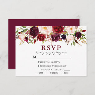 Watercolor Burgundy Pink Floral Wedding Meal RSVP Card