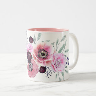 Watercolor burgundy pink flowers Two-Tone coffee mug