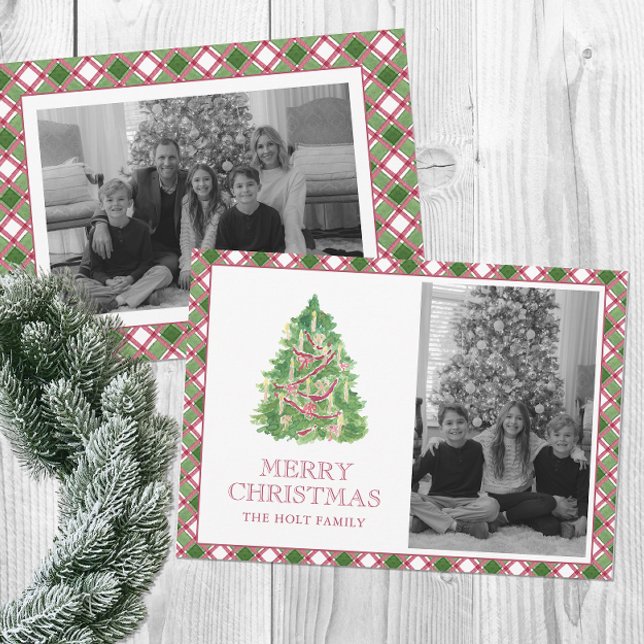 Watercolor Burgundy Plaid Christmas Tree Photo Holiday Card (Creator Uploaded)
