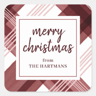 Watercolor Burgundy Plaid Merry Christmas Name Square Sticker