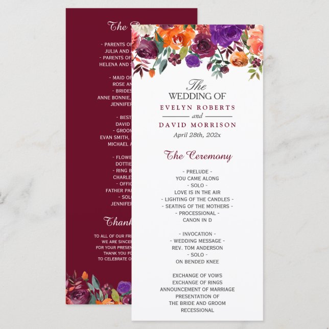 Watercolor Burgundy Purple Orange Floral Wedding Programme (Front/Back)