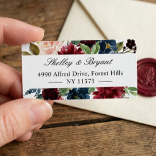 Watercolor Burgundy Red Blush Blue Floral Label