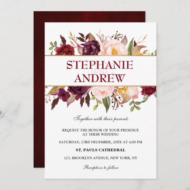 Watercolor Burgundy Red Floral Rustic Boho Invitation (Front/Back)