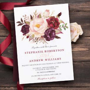 Watercolor Burgundy Red Floral Rustic Boho Invitation