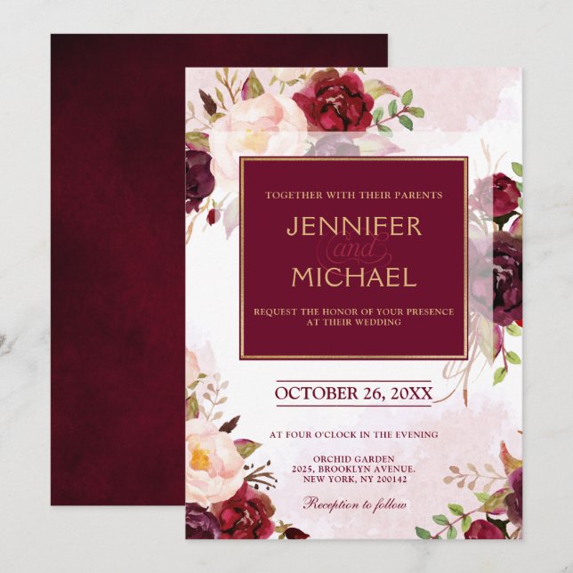 Watercolor Burgundy Red Floral Rustic Boho Invitation (Front/Back)