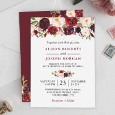 Watercolor Burgundy Red Floral Rustic Boho Wedding Invitation at Zazzle