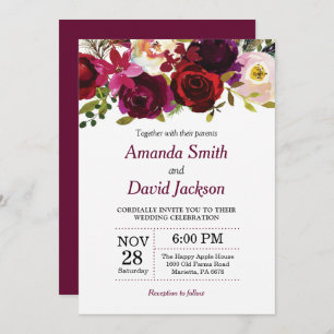 Watercolor Burgundy Red Floral Wedding Invitation