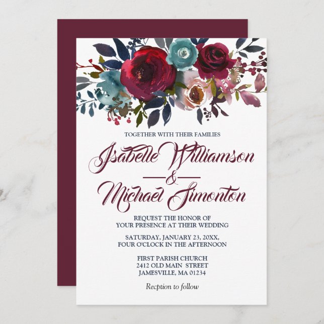 Watercolor Burgundy Red Floral Wedding Invitations (Front/Back)
