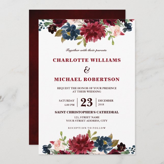 Watercolor Burgundy Red Navy Floral Rustic Boho Invitation (Front/Back)
