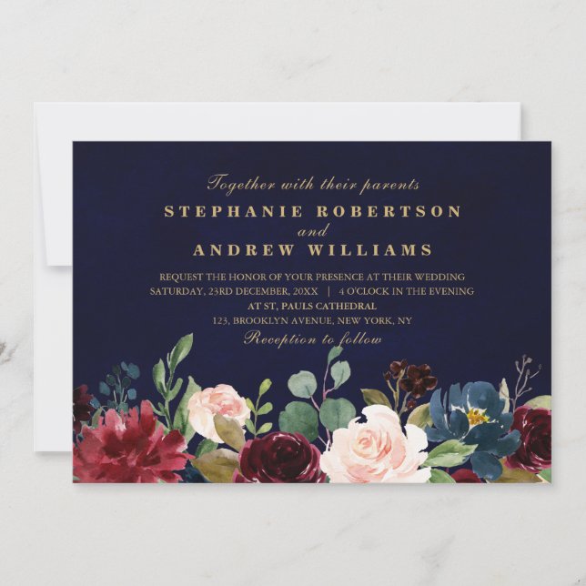 Watercolor Burgundy Red Navy Floral Rustic Boho Invitation (Front)