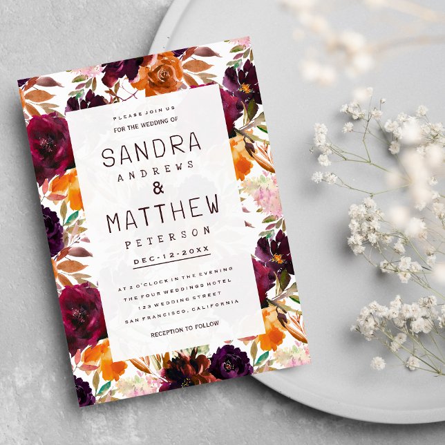 Watercolor burgundy red orange pink Autumn Wedding Invitation (Watercolor burgundy red orange pink Autumn Wedding Invitation)