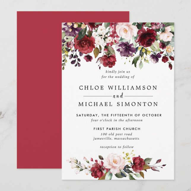 Watercolor Burgundy Red Pink Floral Rustic Wedding Invitation (Front/Back)