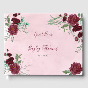 Watercolor Burgundy Red Rose Wedding Guest Book
