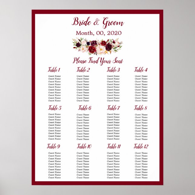 Watercolor Burgundy Red Rose Wedding Seating Chart (Front)