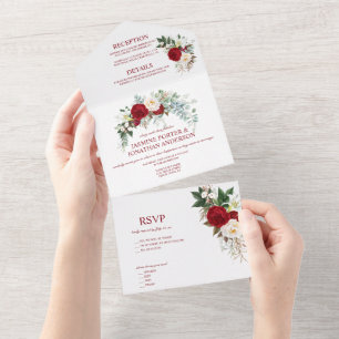 Watercolor Burgundy Red & White Roses All In One I All In One Invitation