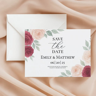Watercolor Burgundy Rose Wedding Save The Date Announcement Postcard