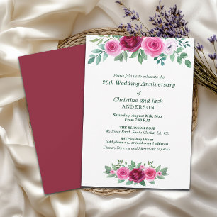 Watercolor Burgundy Roses 20th Wedding Anniversary Invitation