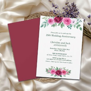 Watercolor Burgundy Roses 25th Wedding Anniversary Invitation