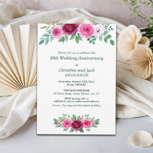 Watercolor Burgundy Roses 30th Wedding Anniversary Invitation