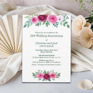Watercolor Burgundy Roses 35th Wedding Anniversary Invitation