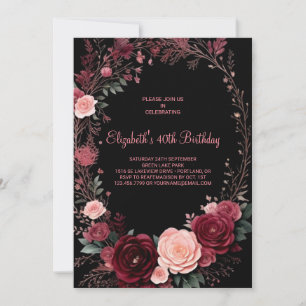 Watercolor Burgundy Roses 40th Birthday Invitation