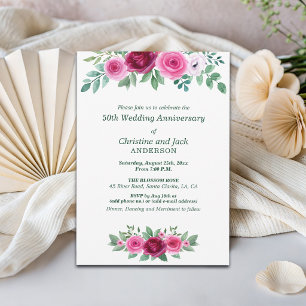 Watercolor Burgundy Roses 50th Wedding Anniversary Invitation