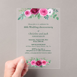 Watercolor Burgundy Roses 60th Wedding Anniversary Acrylic Invitations