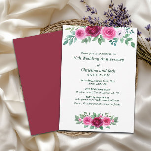 Watercolor Burgundy Roses 60th Wedding Anniversary Invitation