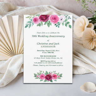 Watercolor Burgundy Roses 70th Wedding Anniversary Invitation