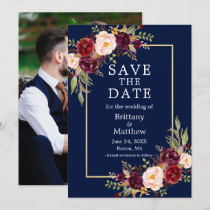 Watercolor Burgundy Roses Blue Gold Frame Photo Save The Date