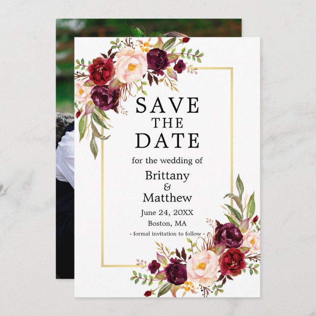 Watercolor Burgundy Roses Gold Frame Photo Save The Date (Front/Back)