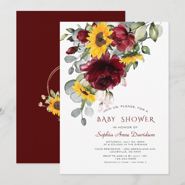 Watercolor Burgundy Sunflowers Gold Baby Shower Invitation (Front/Back)