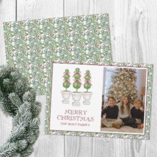 Watercolor Burgundy Topiary Christmas Photo Holiday Card