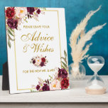 Watercolor Burgundy Wedding Advice and Wishes Plaque<br><div class="desc">Watercolor Floral Burgundy Marsala Gold Wedding Advice and Wishes Table Plaque</div>