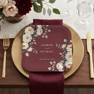 Watercolor Burgundy White Floral Winter Wedding Paper Plate