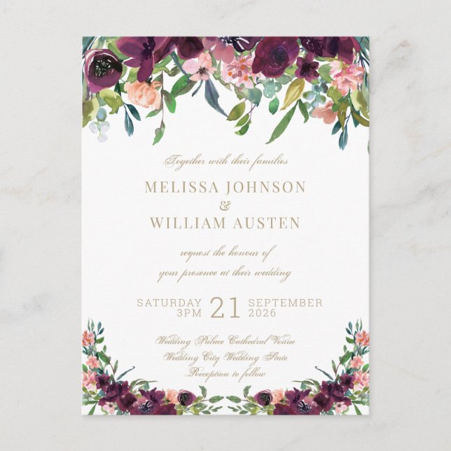 Watercolor Burgundy White Gold Floral Wedding Invitation Postcard (Front)
